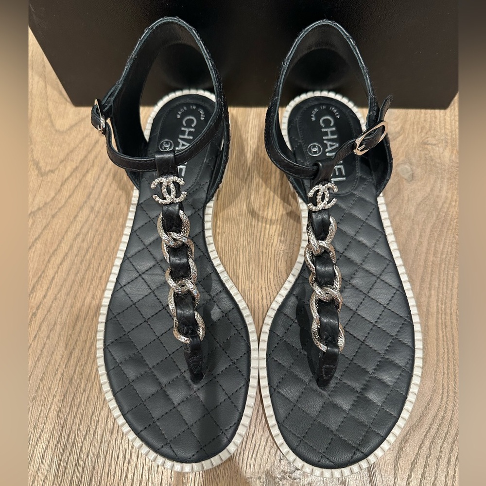 Chanel Black Sandals with Silver Chain Accent - Picture 2 of 13